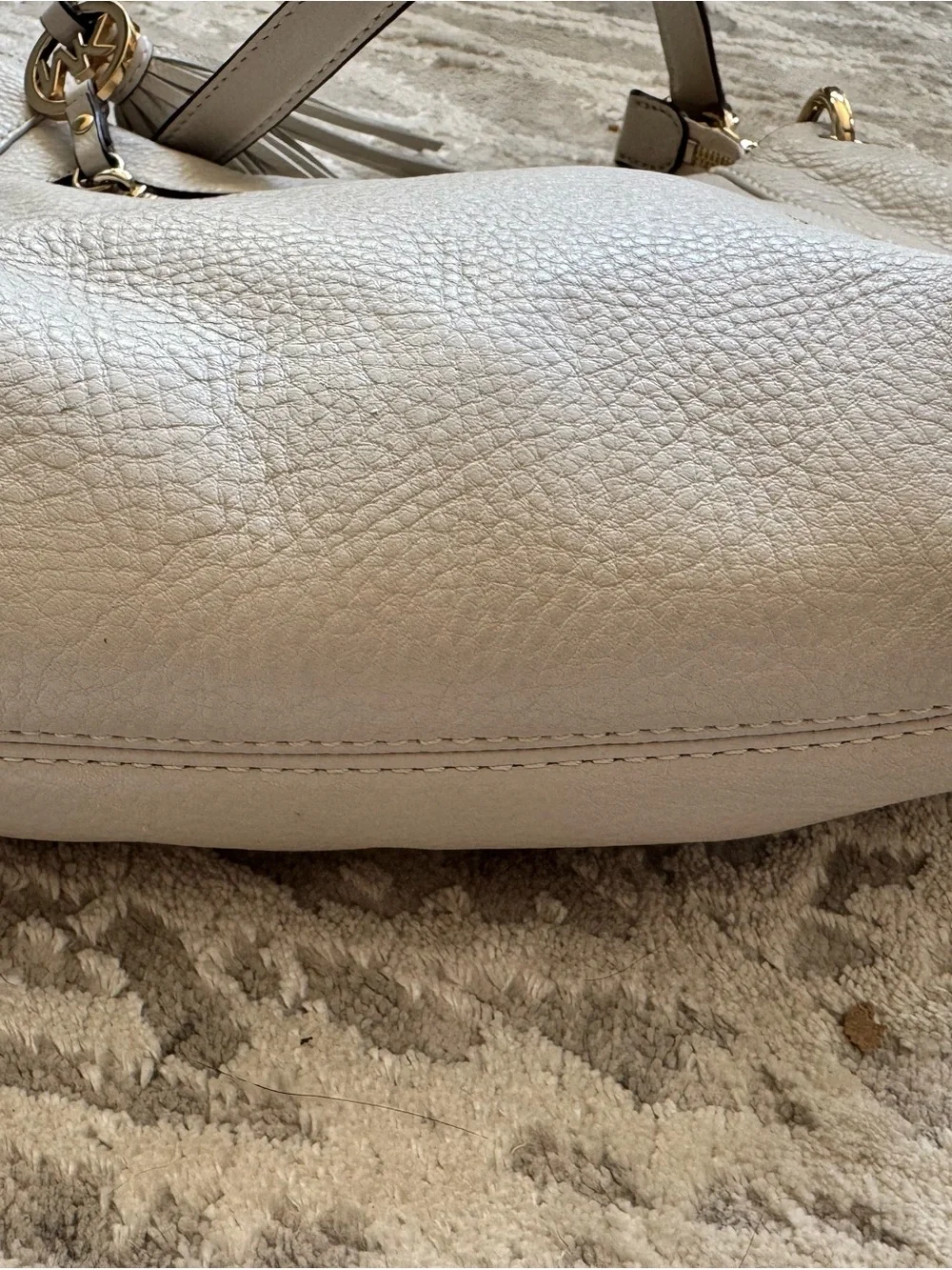 Michael Kors Cream Pebbled Leather Shoulder Hobo with Tassel and Gold Hardware